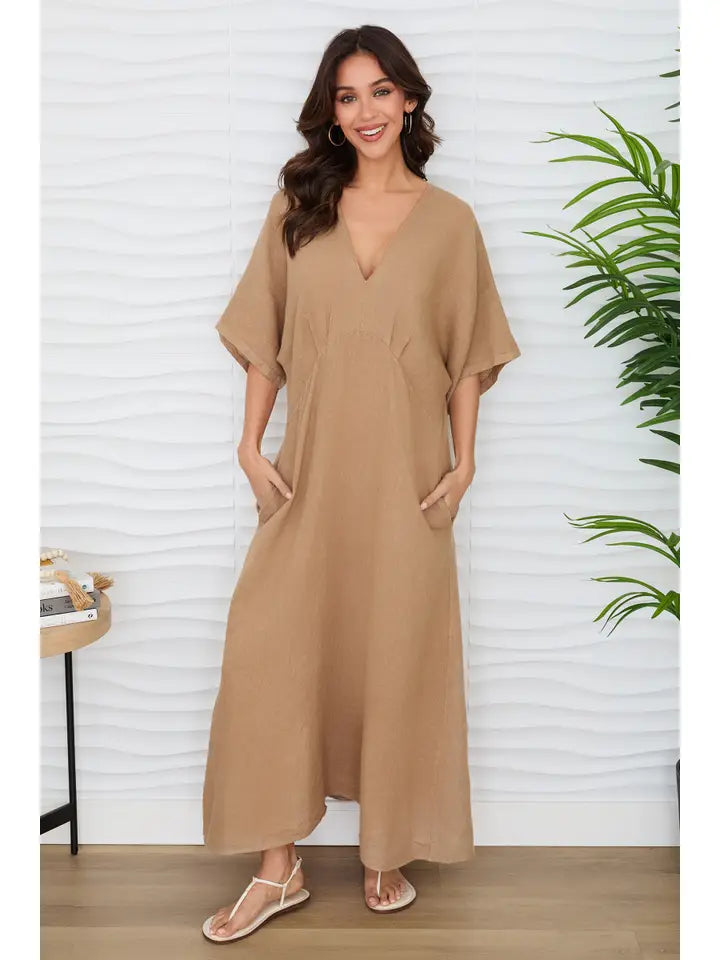 Dolman Sleeve V-Neck Maxi Dress in Solid Linen Camel