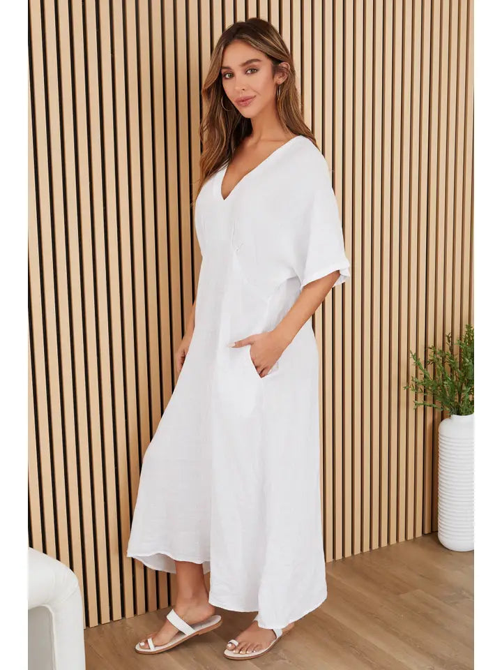 Dolman V-Neck Maxi Dress in Solid White Linen