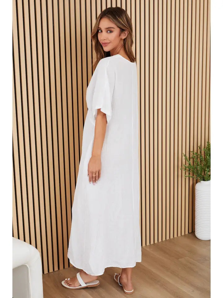 Dolman V-Neck Maxi Dress in Solid White Linen