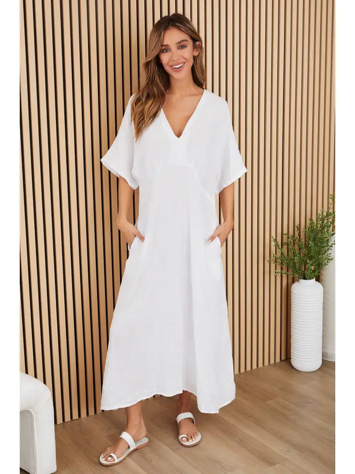 Dolman V-Neck Maxi Dress in Solid White Linen