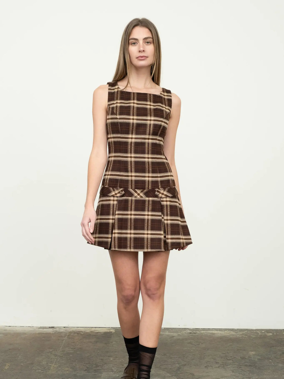 Drop Waist Sleeveless Plaid Mini Dress for Women
