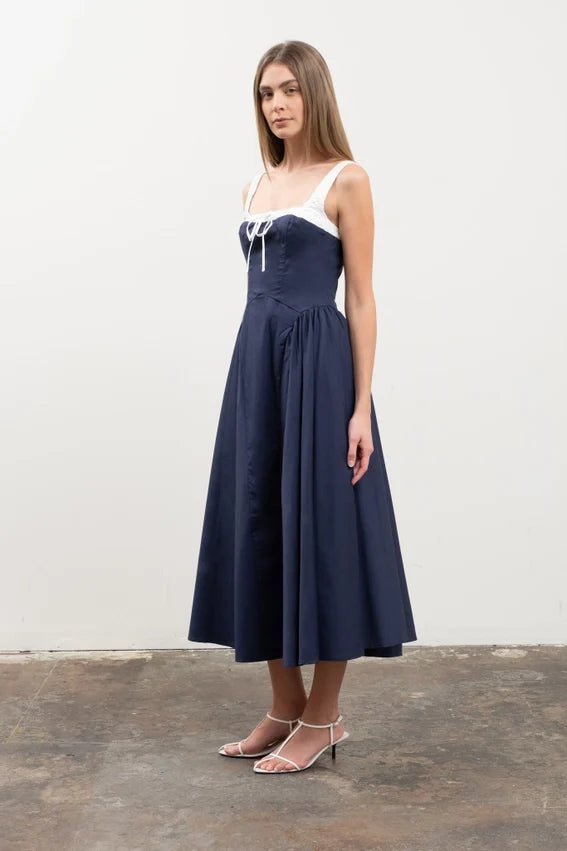 Elastic Straps Front Tie Contrast Midi Dress