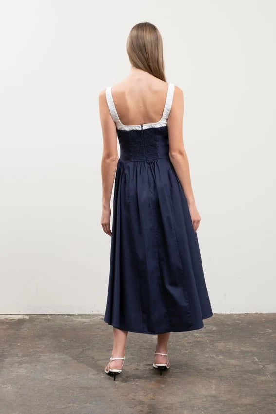 Elastic Straps Front Tie Contrast Midi Dress