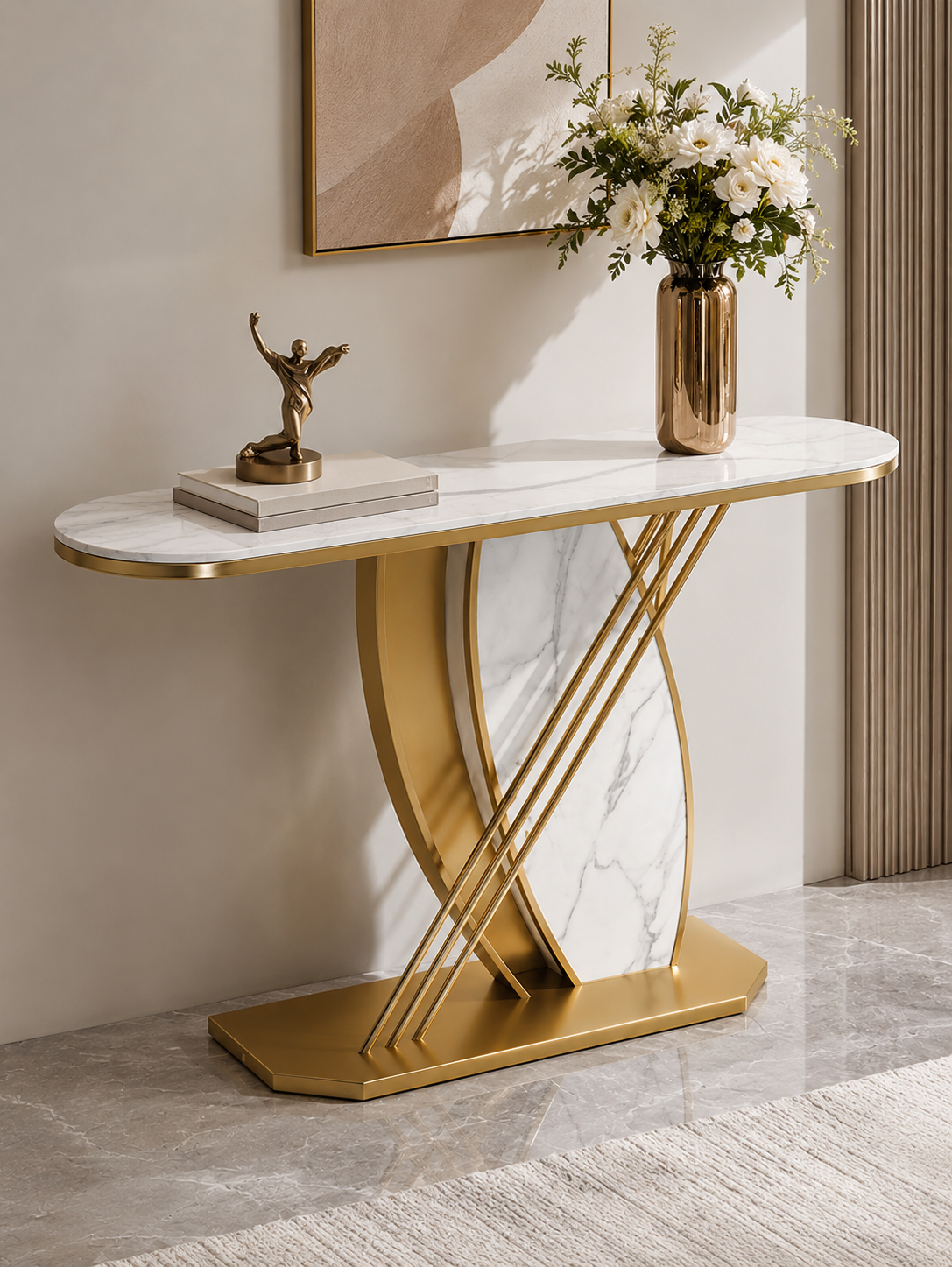 Elegant Entryway Console Table in White Marble & Golden Steel