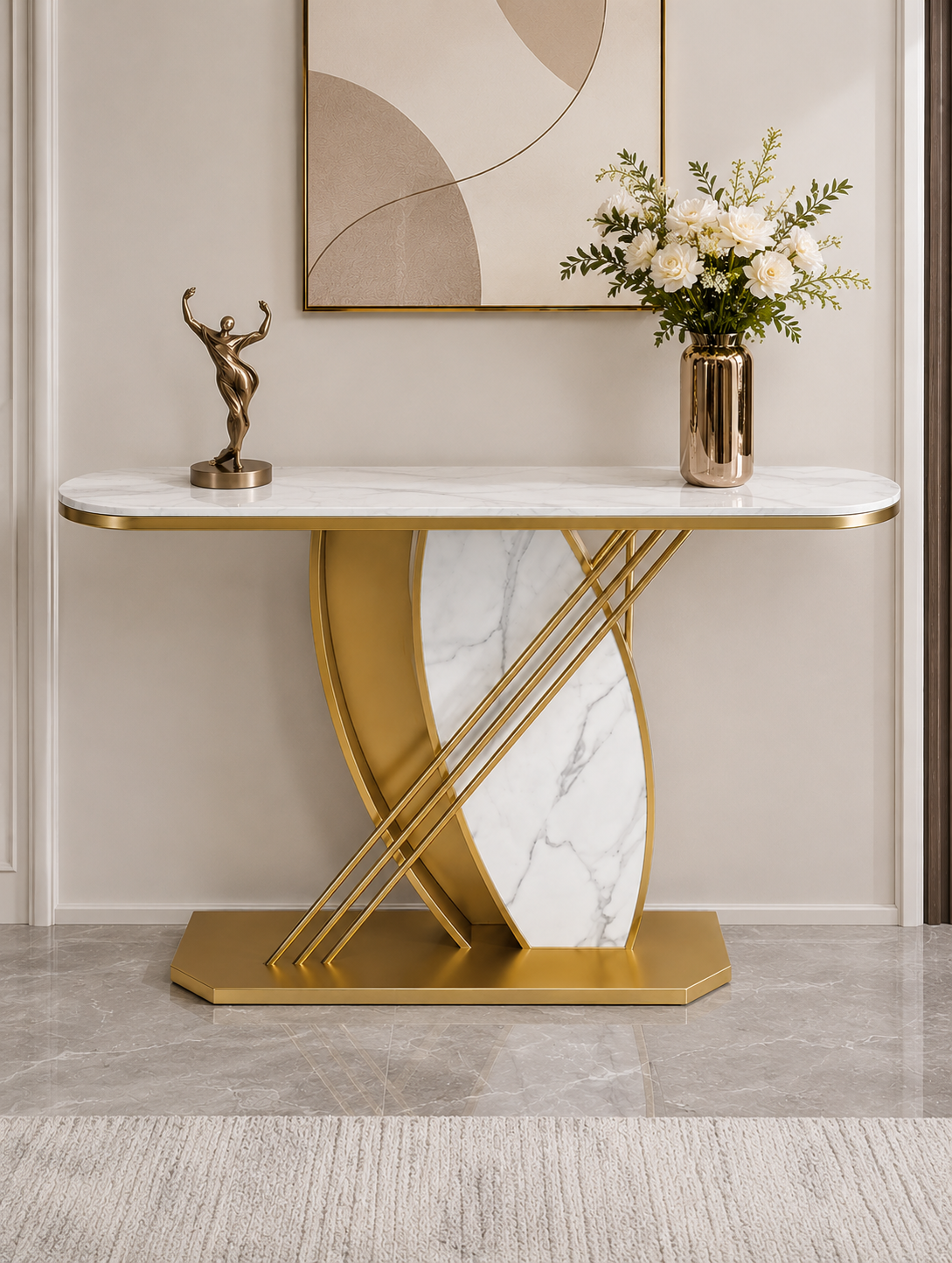 Elegant Entryway Console Table in White Marble & Golden Steel