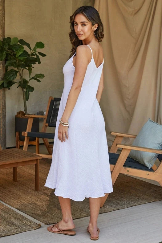 Elegant Full Length Linen Slip Dress Maxi in White