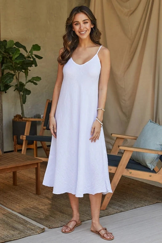 Elegant Full Length Linen Slip Dress Maxi in White