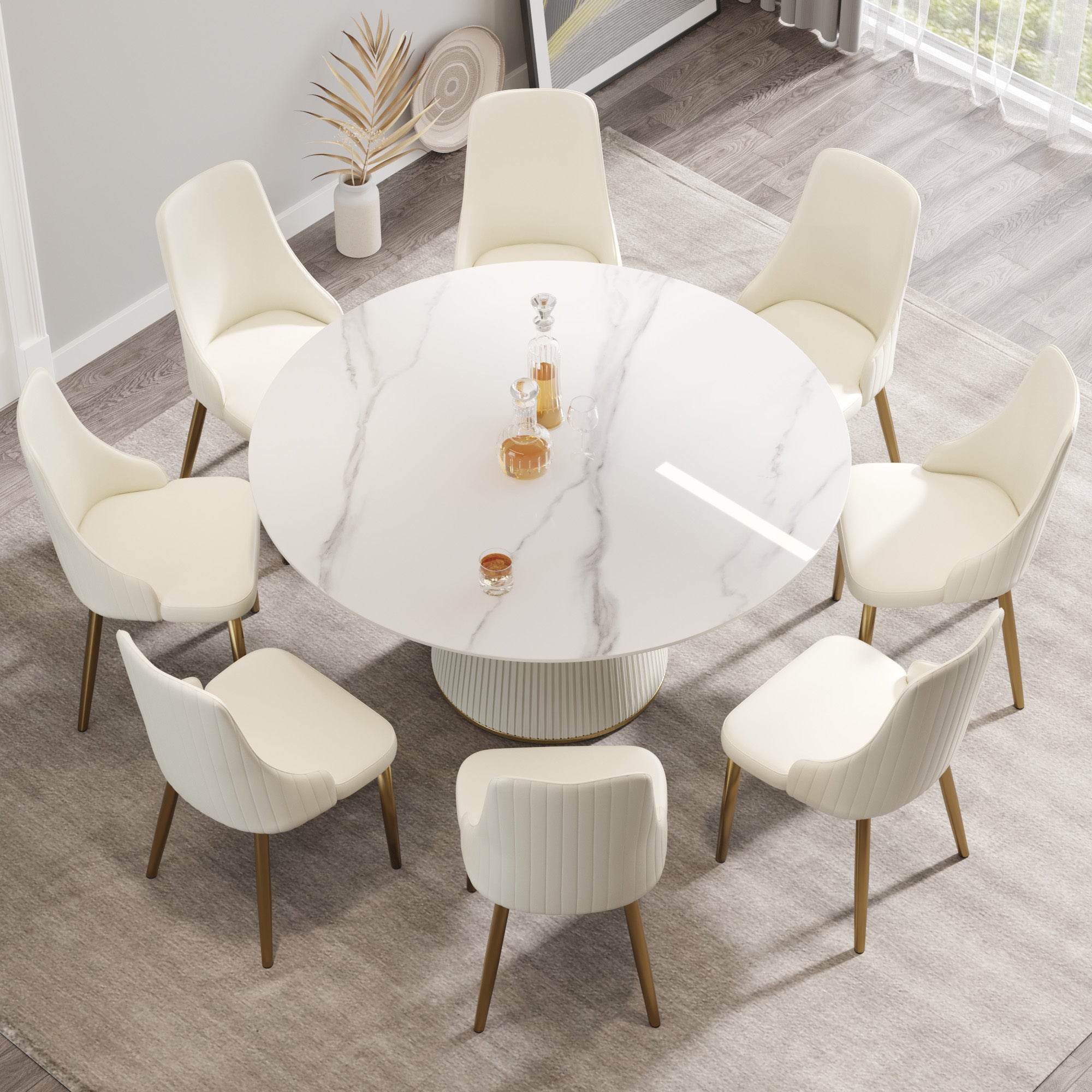 Elegant Round Dining Table Set with Stone Top and Upholstered Chairs