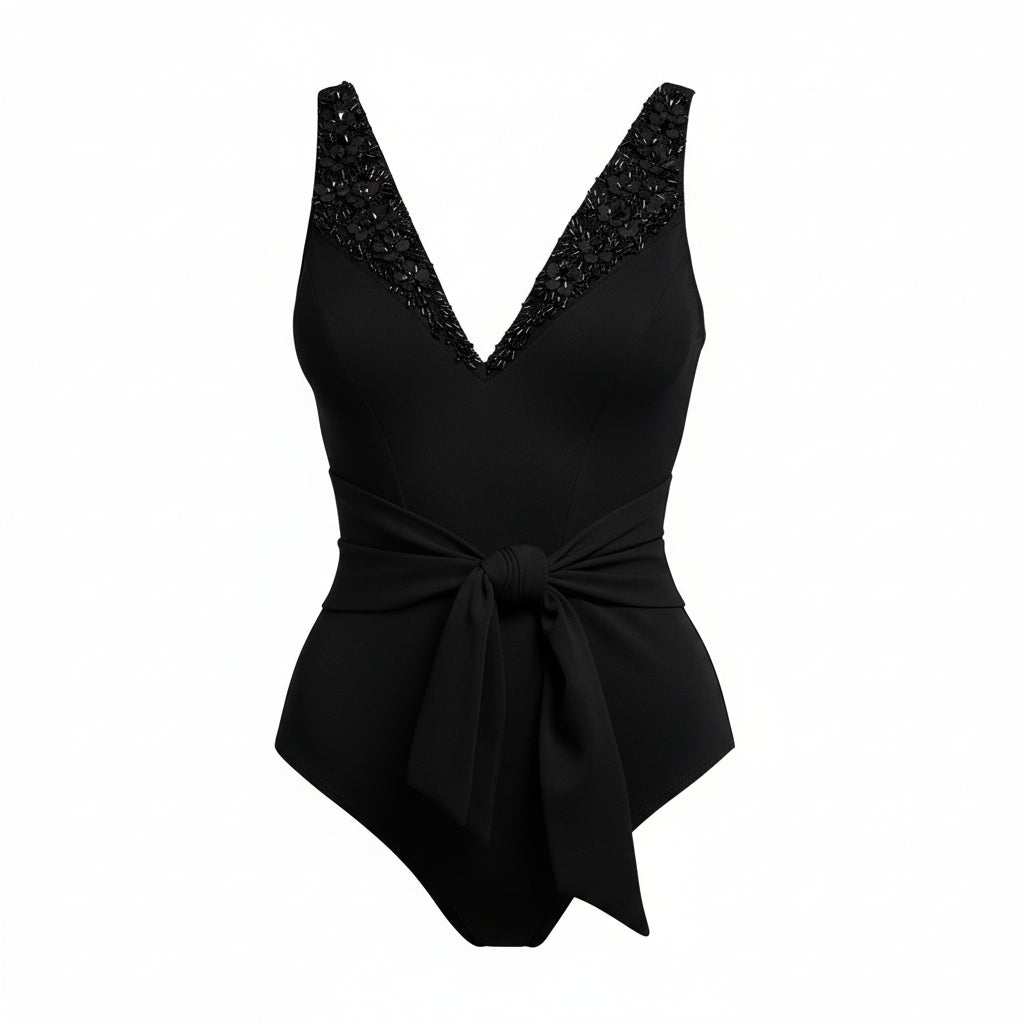 Elsa Beaded Tie Front Black BMS110-618