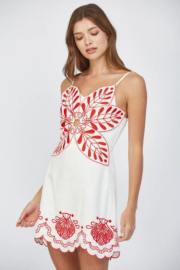 Emb Detail Linen Blend Scallop Edge Dress