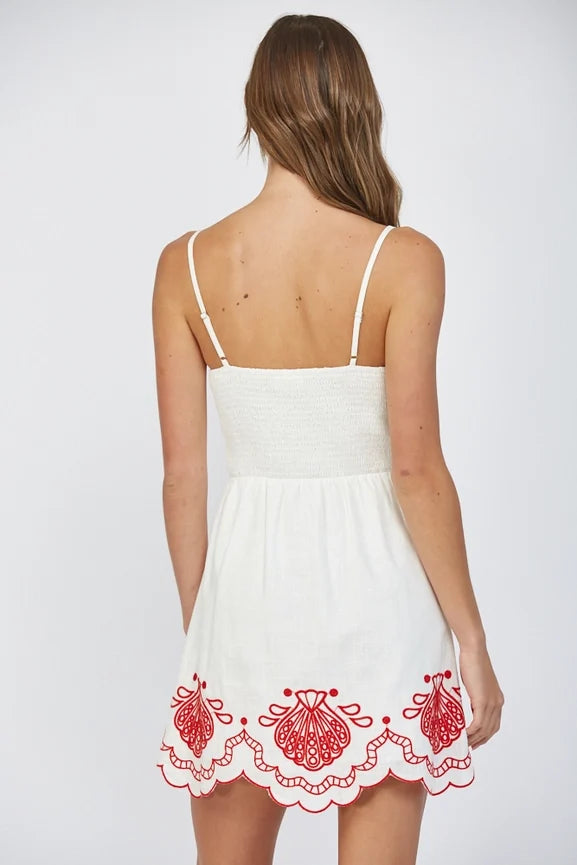 Emb Detail Linen Blend Scallop Edge Dress