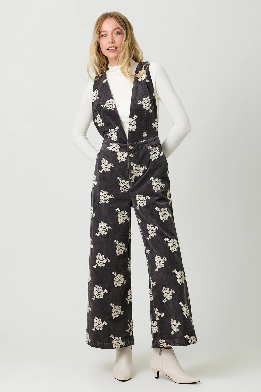 Embroidered Corduroy Jumpsuit - Black