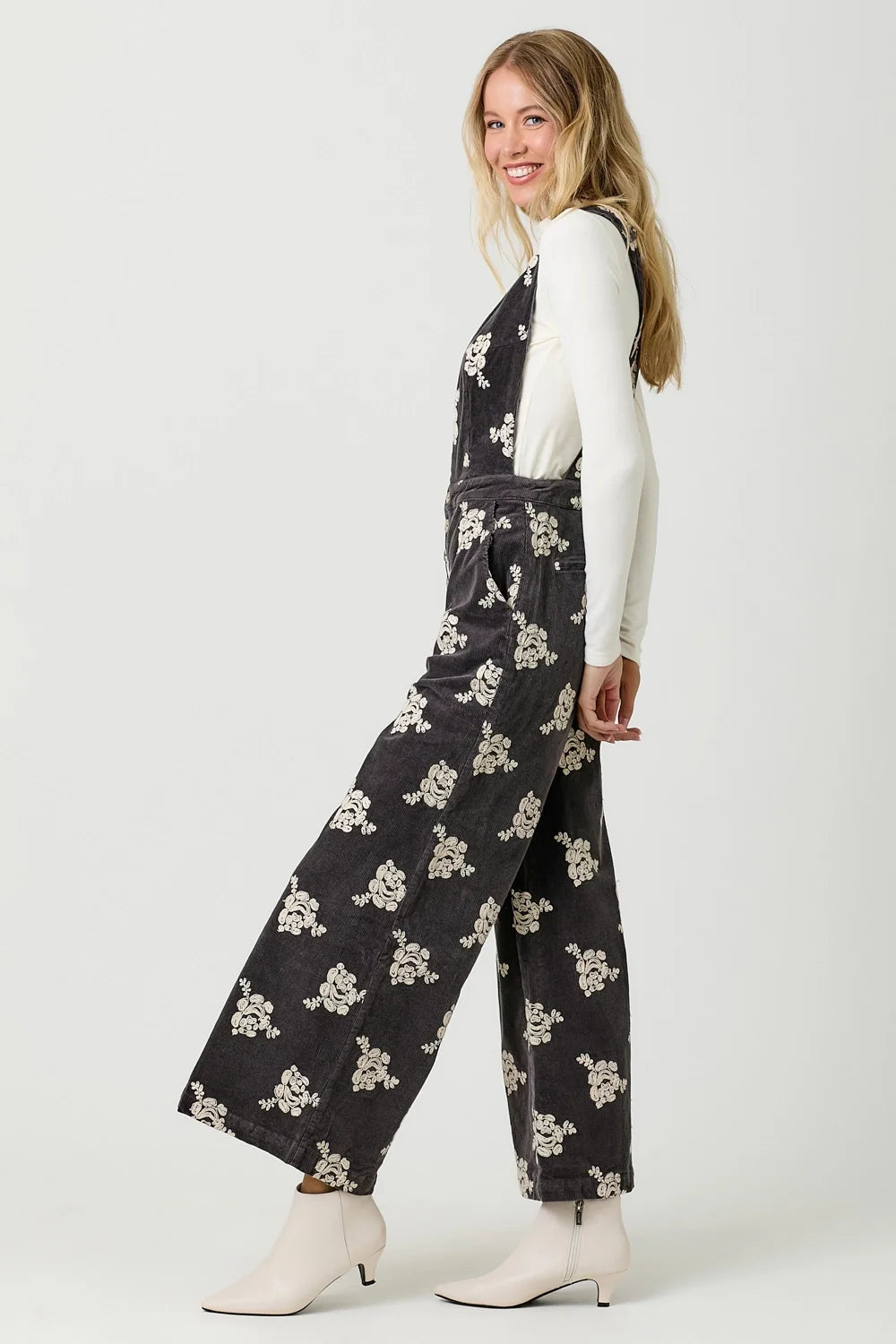 Embroidered Corduroy Jumpsuit - Black