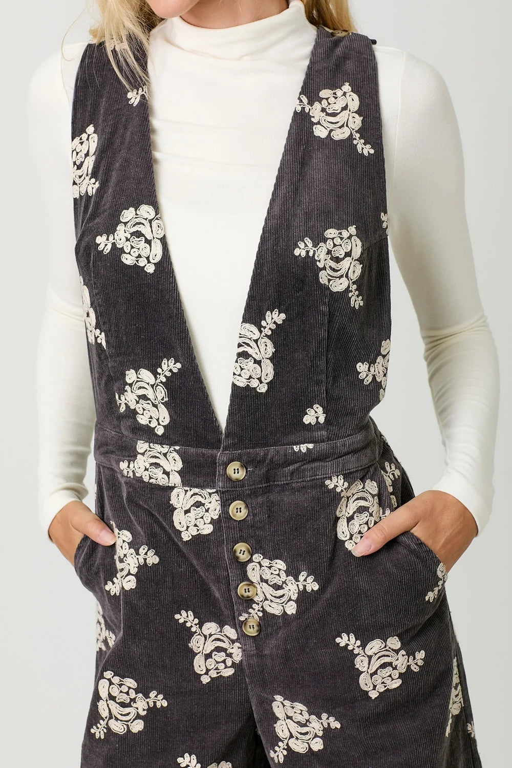 Embroidered Corduroy Jumpsuit - Black