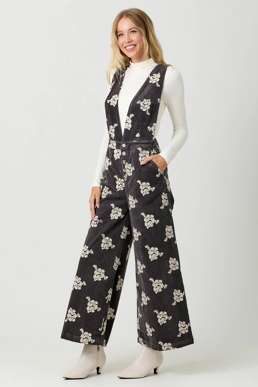 Embroidered Corduroy Jumpsuit - Black