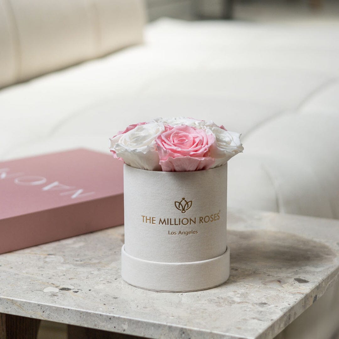 Essence Beige Suede Box | Light Pink & White Roses