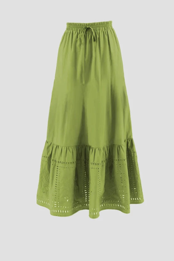 Eyelet Detail Elastic Waist Midi Skirt GREEN