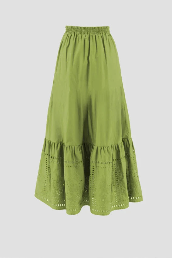 Eyelet Detail Elastic Waist Midi Skirt GREEN