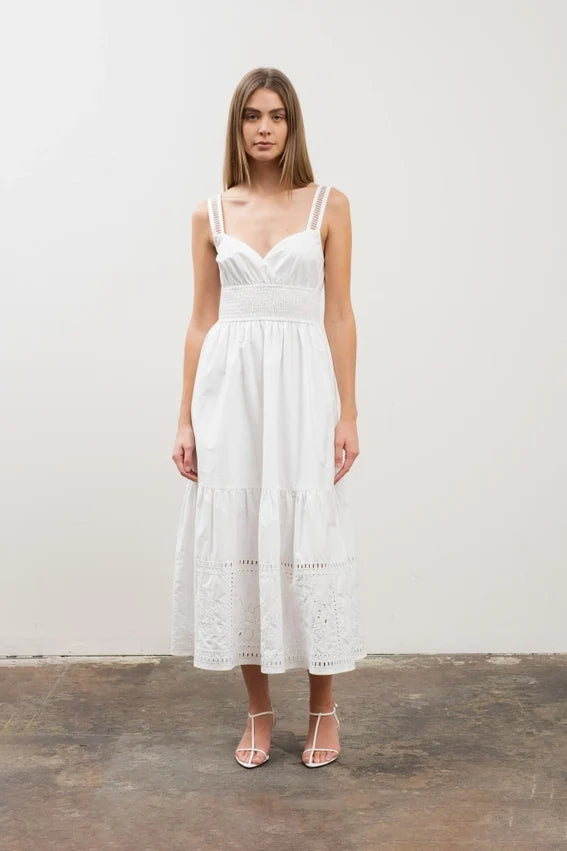 Eyelet Detail Sleeveless Midi Dress White