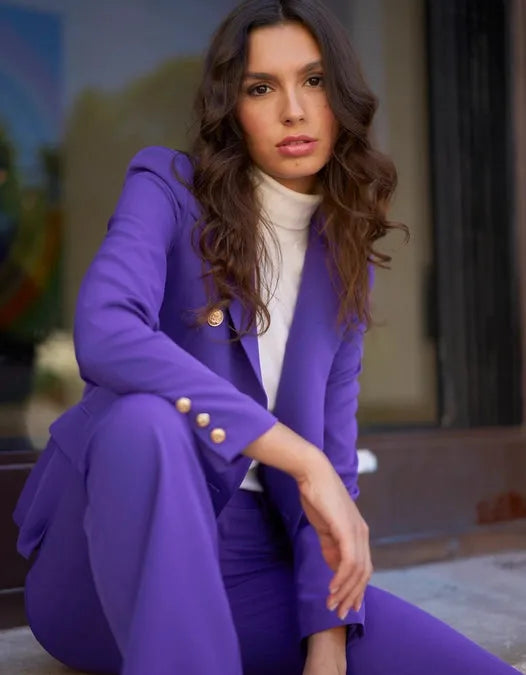 Fitted Double-Breasted Blazer with Gold Buttons - Violet