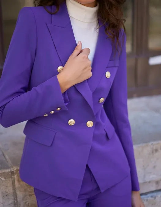 Fitted Double-Breasted Blazer with Gold Buttons - Violet