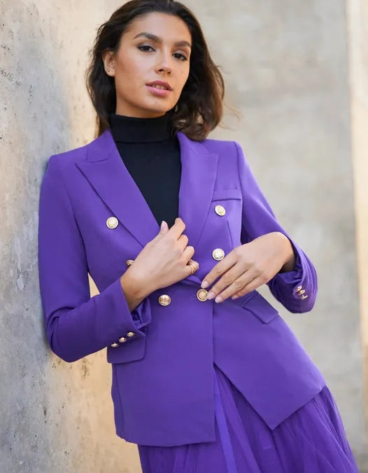 Fitted Double-Breasted Blazer with Gold Buttons - Violet