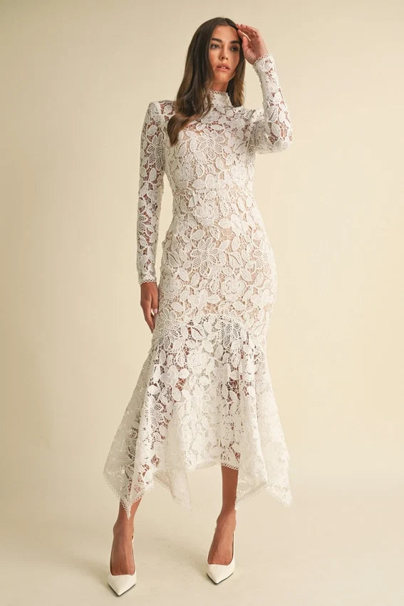 Floral Lace Midi Dress White Elegant Women's Dress
