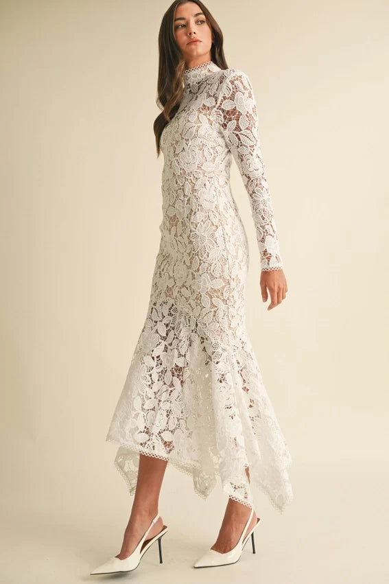 Floral Lace Midi Dress White Elegant Women's Dress