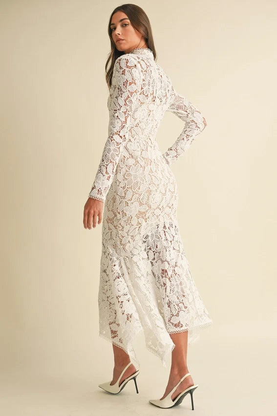 Floral Lace Midi Dress White Elegant Women's Dress