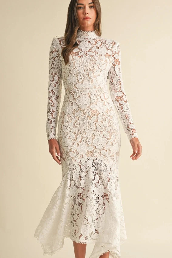 Floral Lace Midi Dress White Elegant Women's Dress