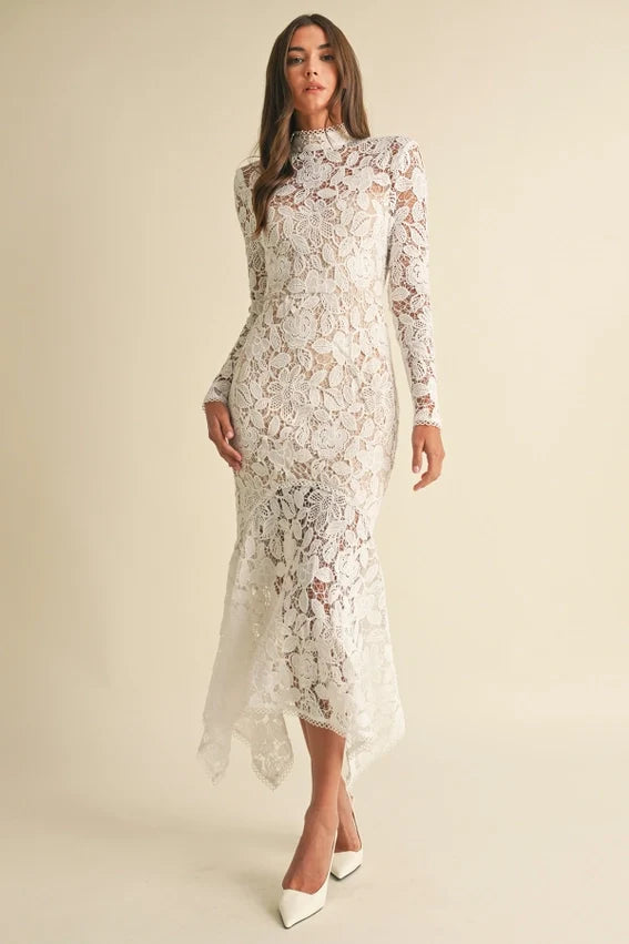 Floral Lace Midi Dress White Elegant Women's Dress