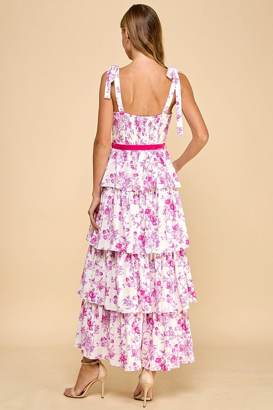 Floral Print Tiered Adjustable Straps Midi Dress