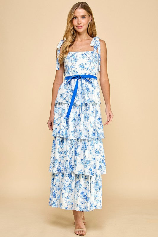 Floral Print Tiered Adjustable Straps Midi Dress