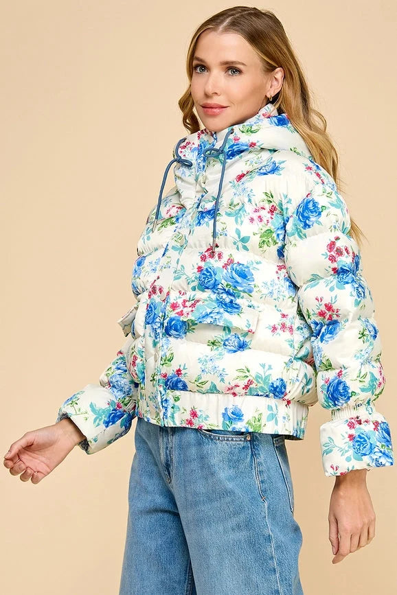 Floral Snap Button Enclosure Hooded Puffer Jacket