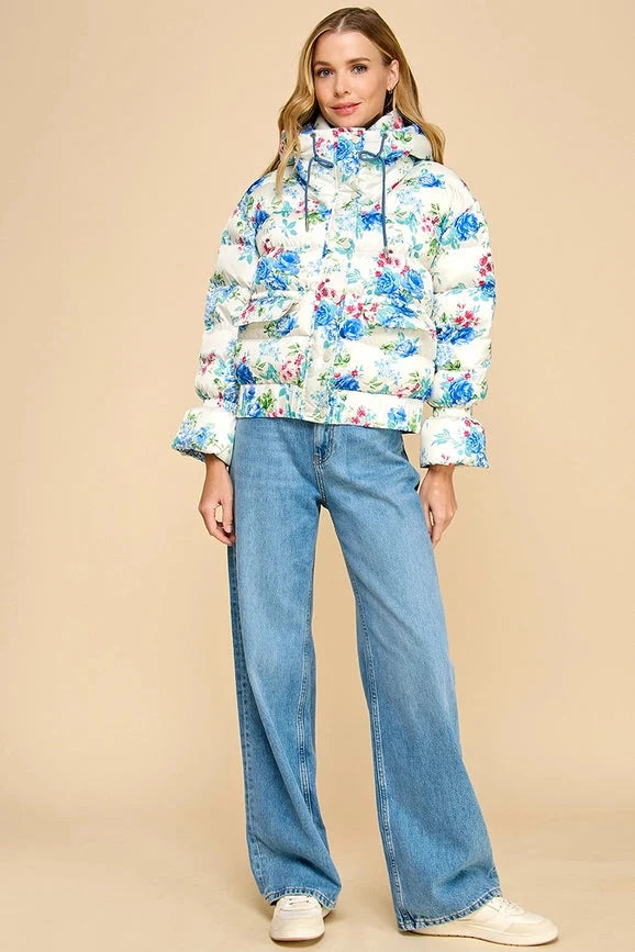 Floral Snap Button Enclosure Hooded Puffer Jacket