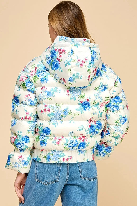 Floral Snap Button Enclosure Hooded Puffer Jacket