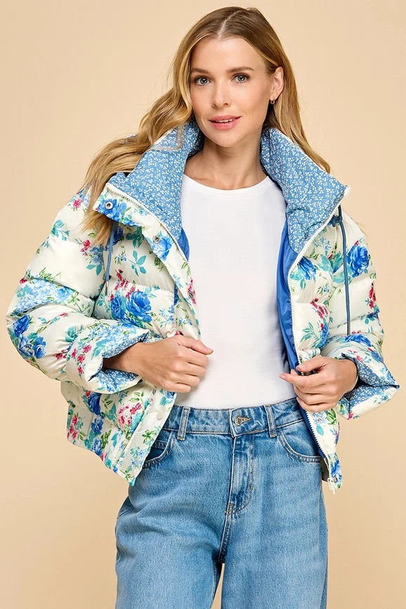Floral Snap Button Enclosure Hooded Puffer Jacket