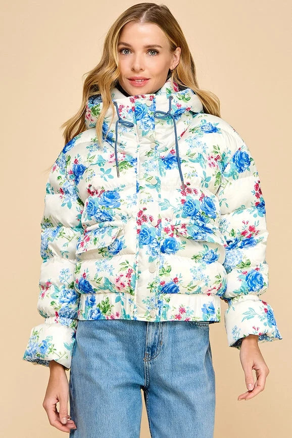 Floral Snap Button Enclosure Hooded Puffer Jacket
