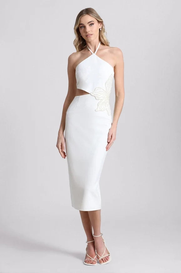 Flower Embellished Cut-Out Halter Dress White/White Flower