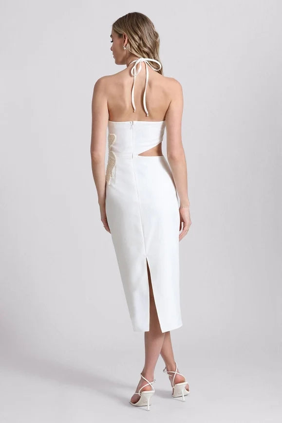 Flower Embellished Cut-Out Halter Dress White/White Flower