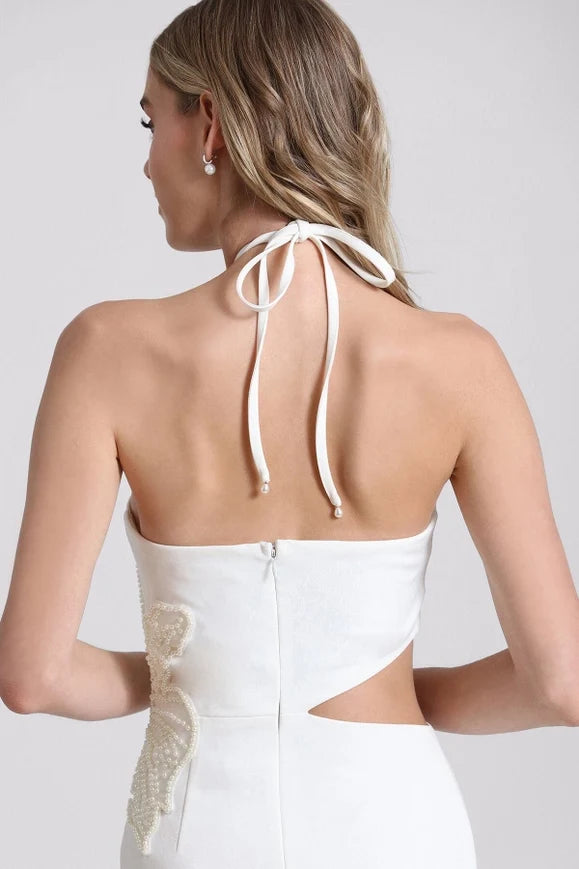 Flower Embellished Cut-Out Halter Dress White/White Flower