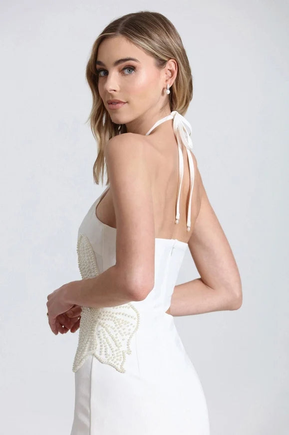 Flower Embellished Cut-Out Halter Dress White/White Flower