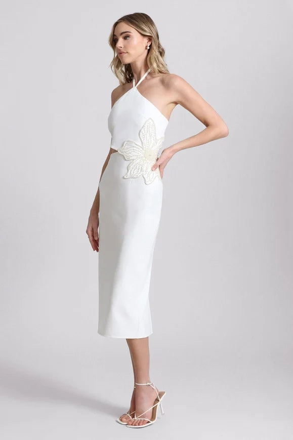 Flower Embellished Cut-Out Halter Dress White/White Flower
