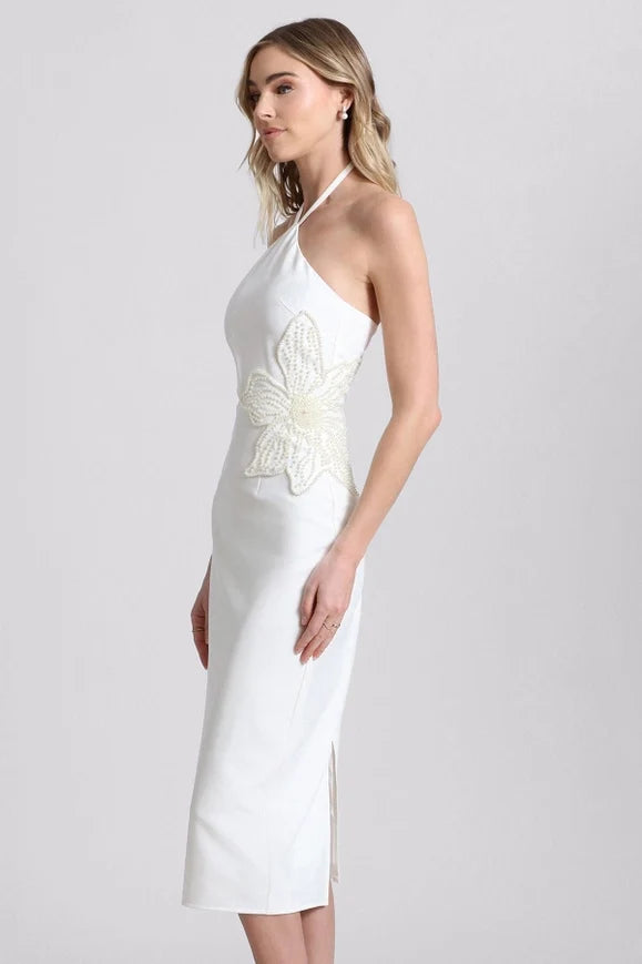 Flower Embellished Cut-Out Halter Dress White/White Flower