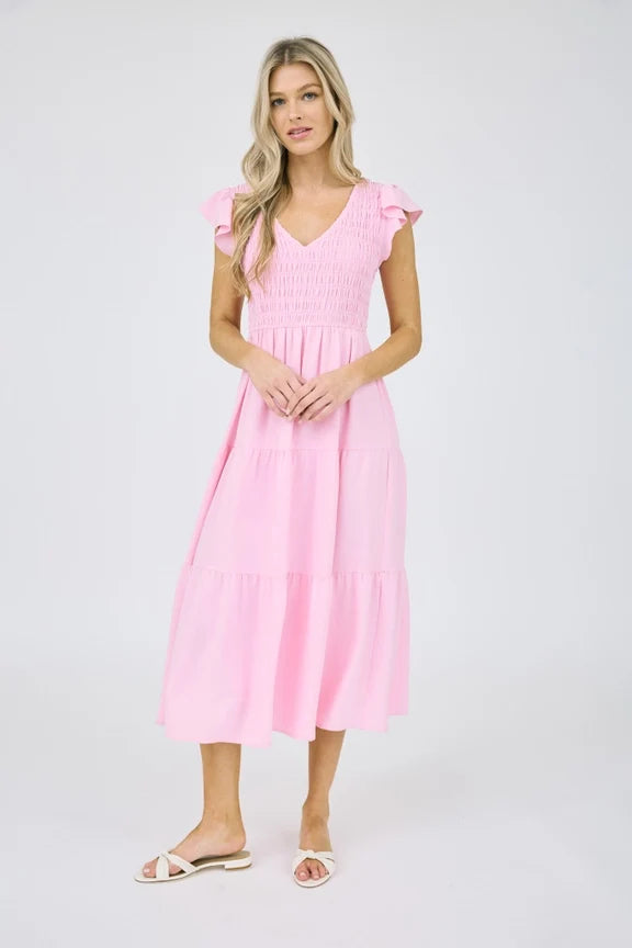 Flutter Sleeve Maxi Dress Light Pink Elegant Women's Dress