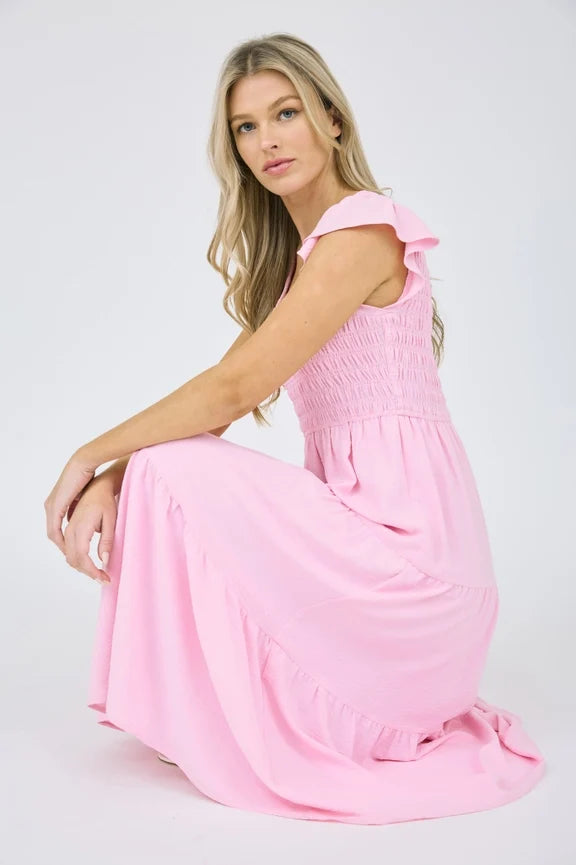 Flutter Sleeve Maxi Dress Light Pink Elegant Women's Dress