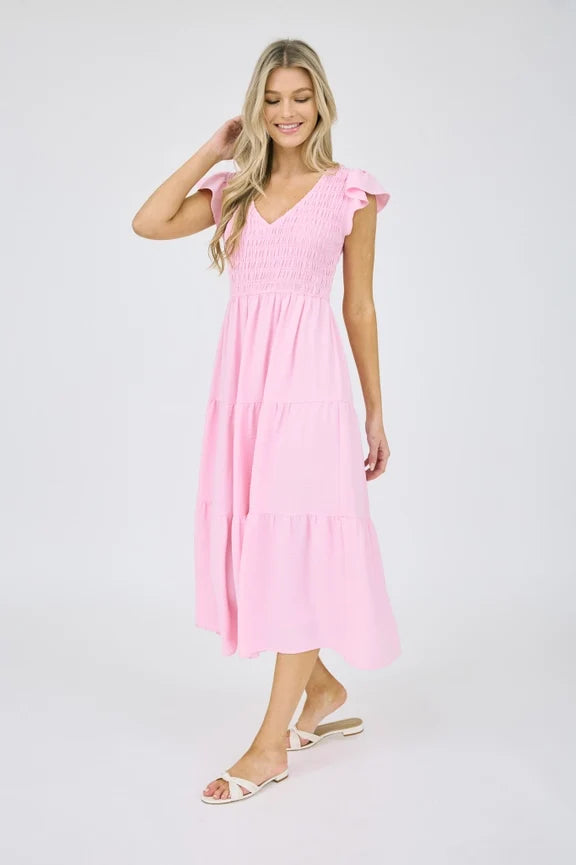 Flutter Sleeve Maxi Dress Light Pink Elegant Women's Dress