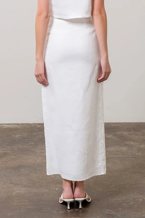 Front Button Detail Linen Midi Skirt WHITE