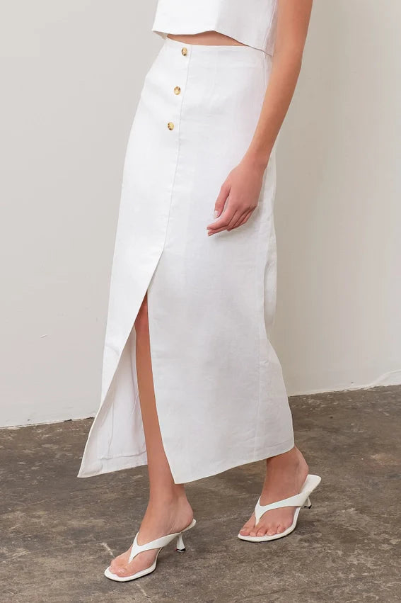 Front Button Detail Linen Midi Skirt WHITE