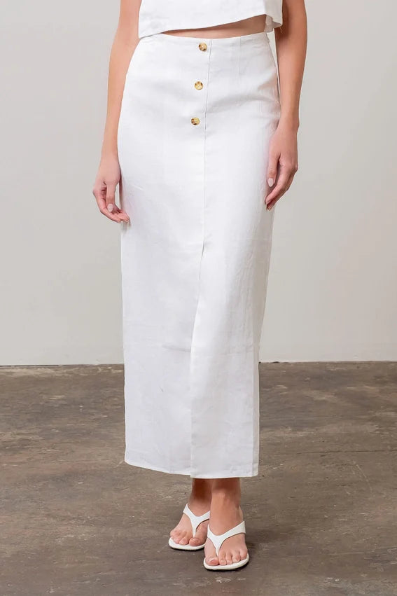 Front Button Detail Linen Midi Skirt WHITE